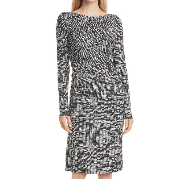 HUGO BOSS Ejay Print Black Fantasy Printed DayDress Boatneck Ruched Bodice Small - Picture 1 of 8